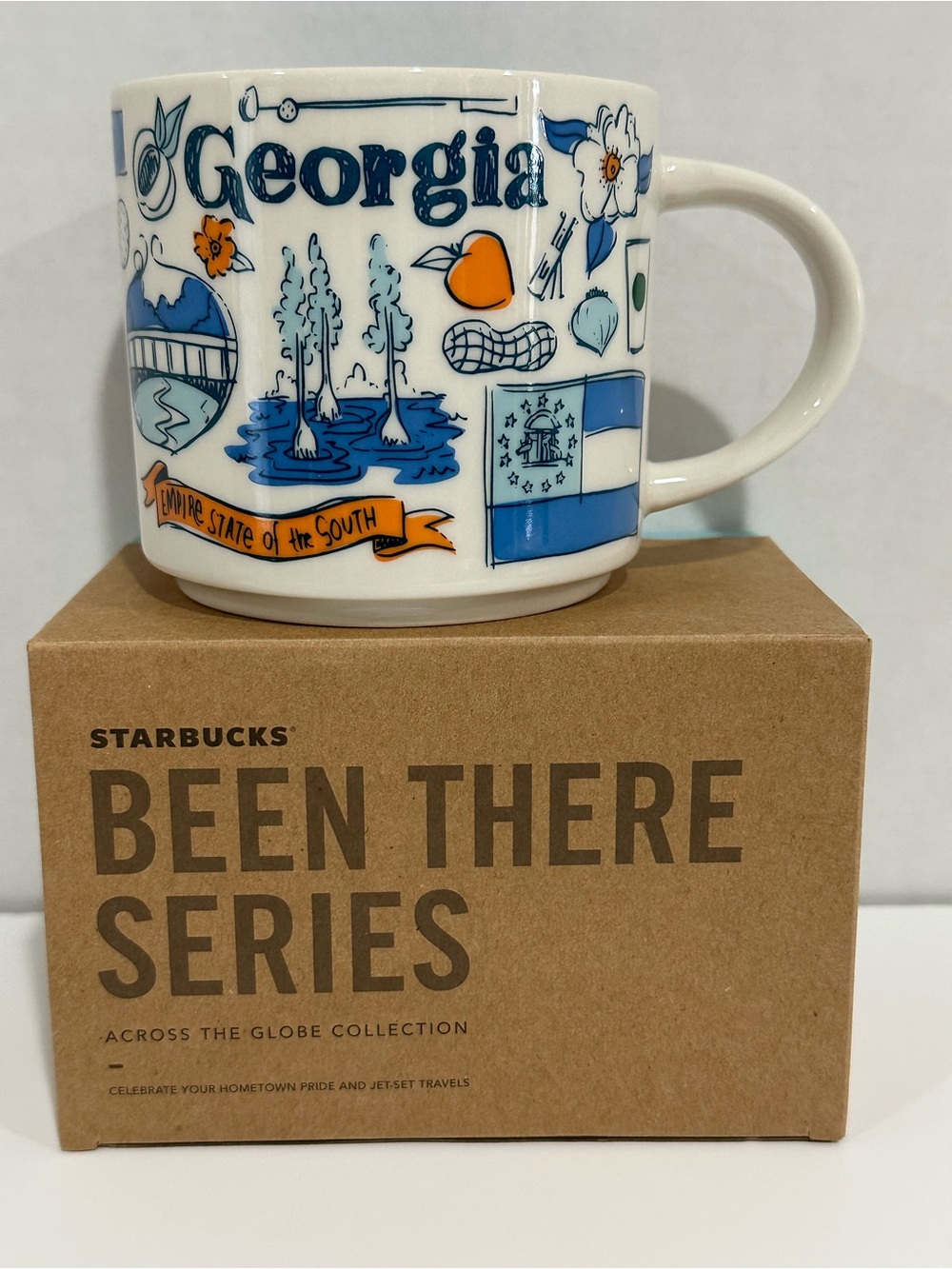 Starbucks Georgia Mug - White with Blue & Orange Illustrations